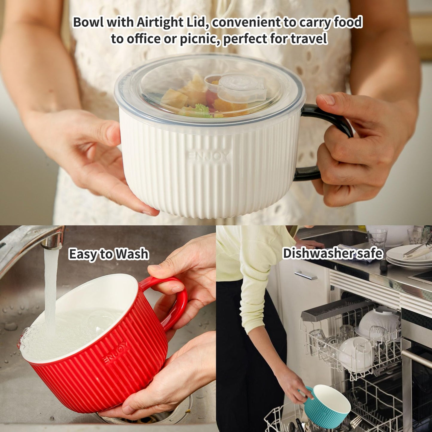 Seyatoo Soup Bowl with Handle, 5.6 inch Ceramic Soup Mug with Lid, Large Microwave Soup Cup Ramen Bowl for Oatmeal, Salad, Ramen and Instant Noodles, Red