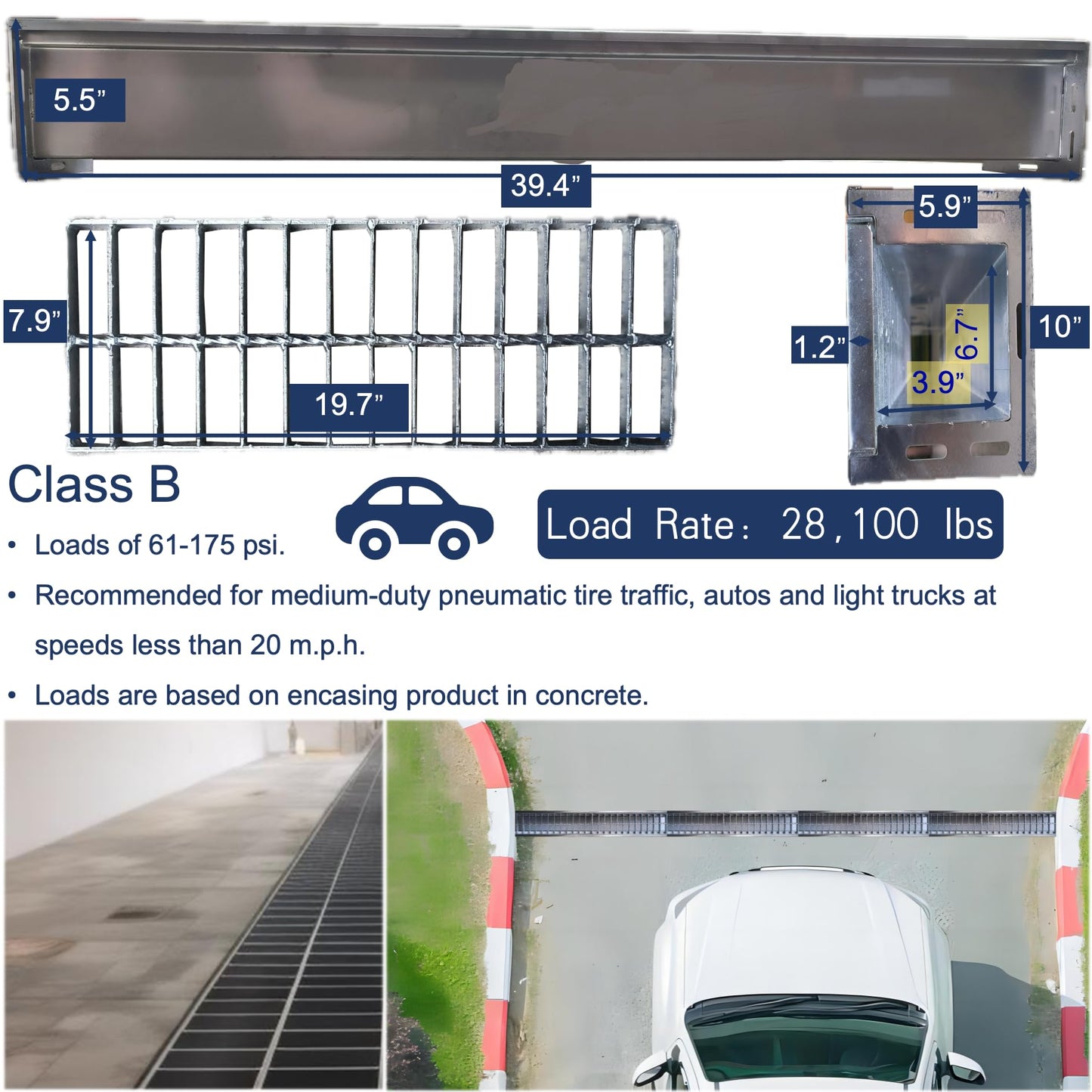 TIANYAMAI 304 Stainless Steel Channel Drain with Galvanized Steel Grate 39.4x9x6 in, B-Class 28100 lbs Heavy-Duty Drain Kit for 3" Pipe, Trench Drainage System for Outdoor, Driveway, Garage, Yard
