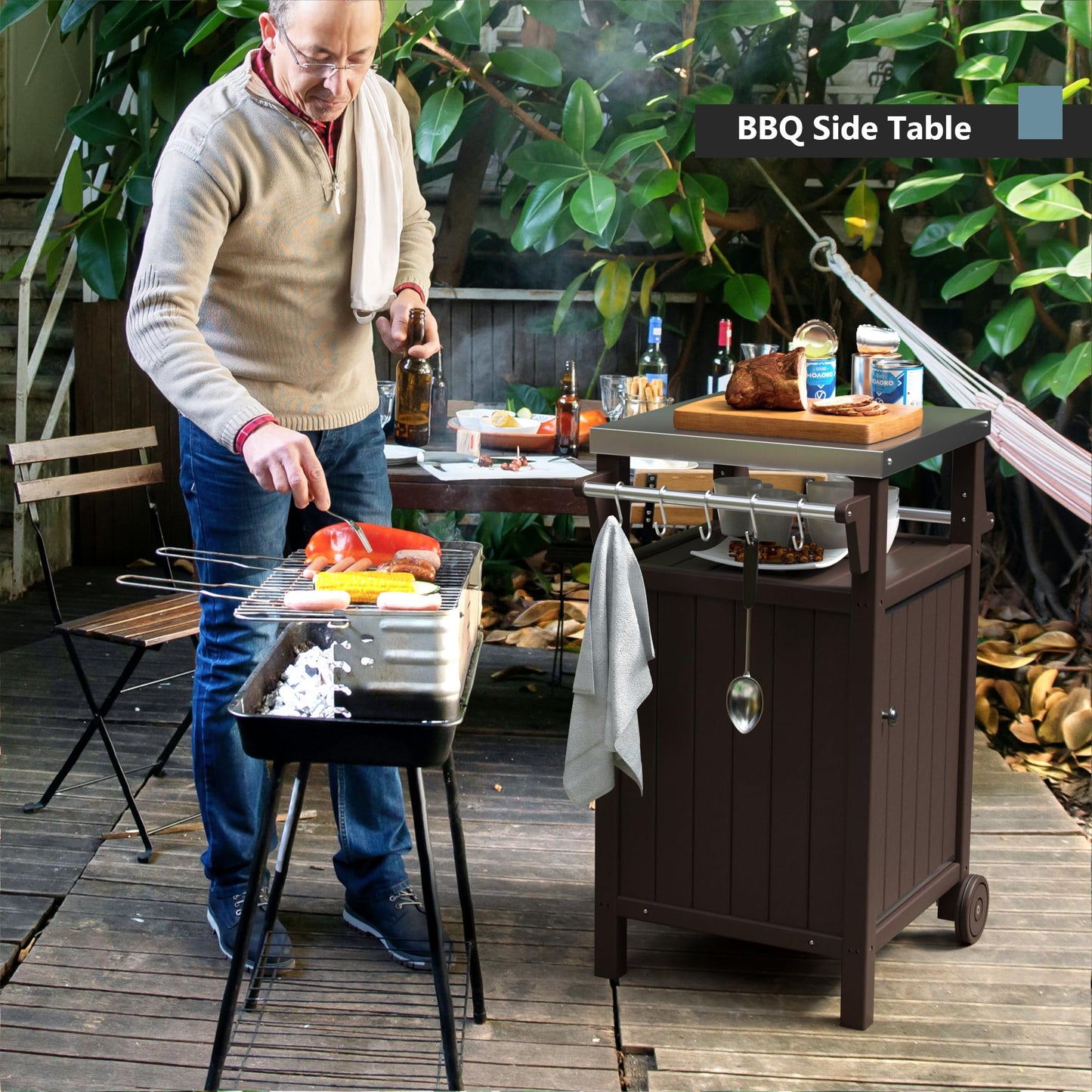 KORVOS Kitchen Portable Outdoor Grill Cart, Patio Movable Bar Cart with 304 Stainless Steel Top&HDPE Frame, BBQ Table for Indoor,Outdoor&All Weather Use, Brown