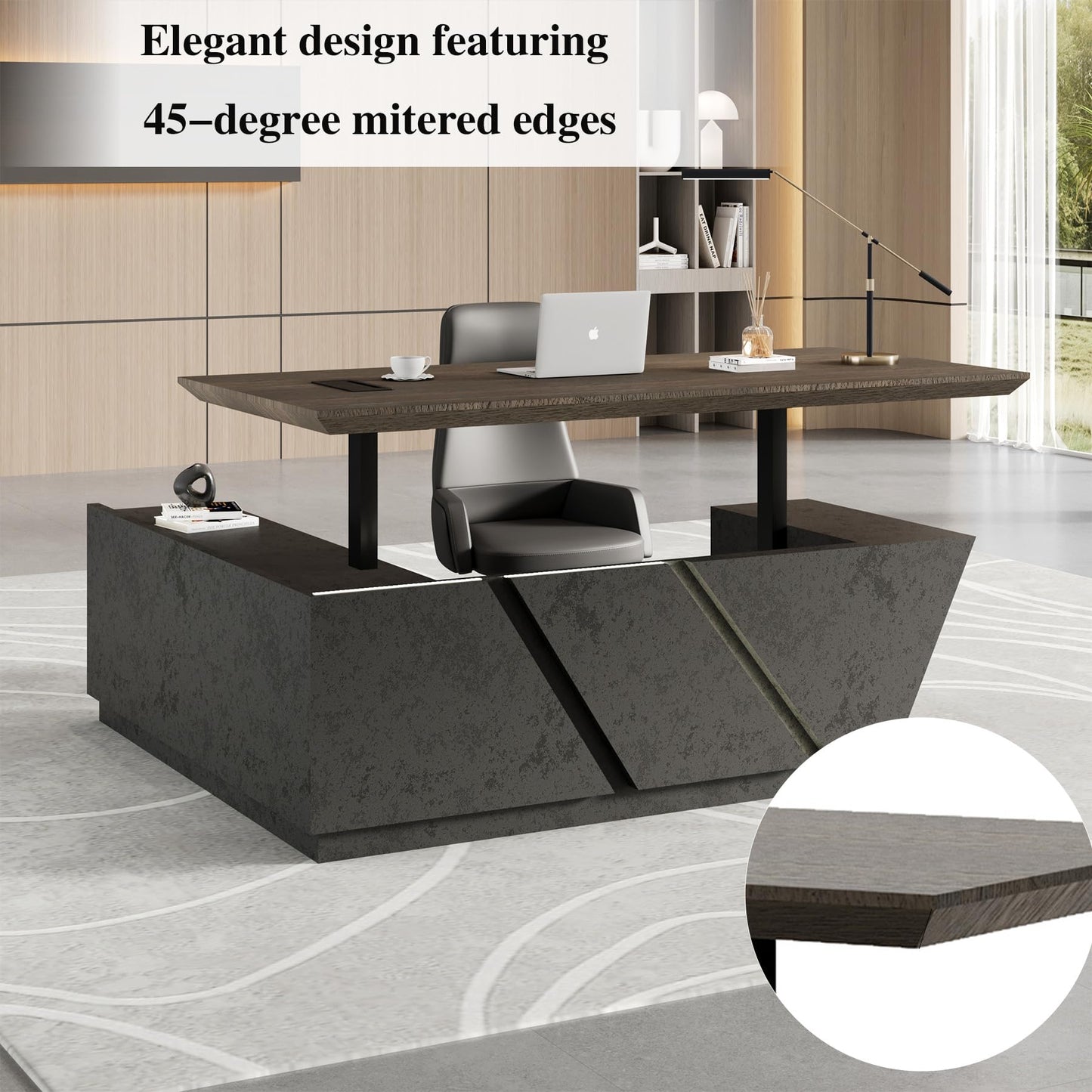 SAINTCY 94.5in Adjustable Executive Desk - Luxury L Shaped Desk with Drawers, Large Table with File Cabinets, Executive Office Desks with LED Light Strip Home Office Desk for Professionals
