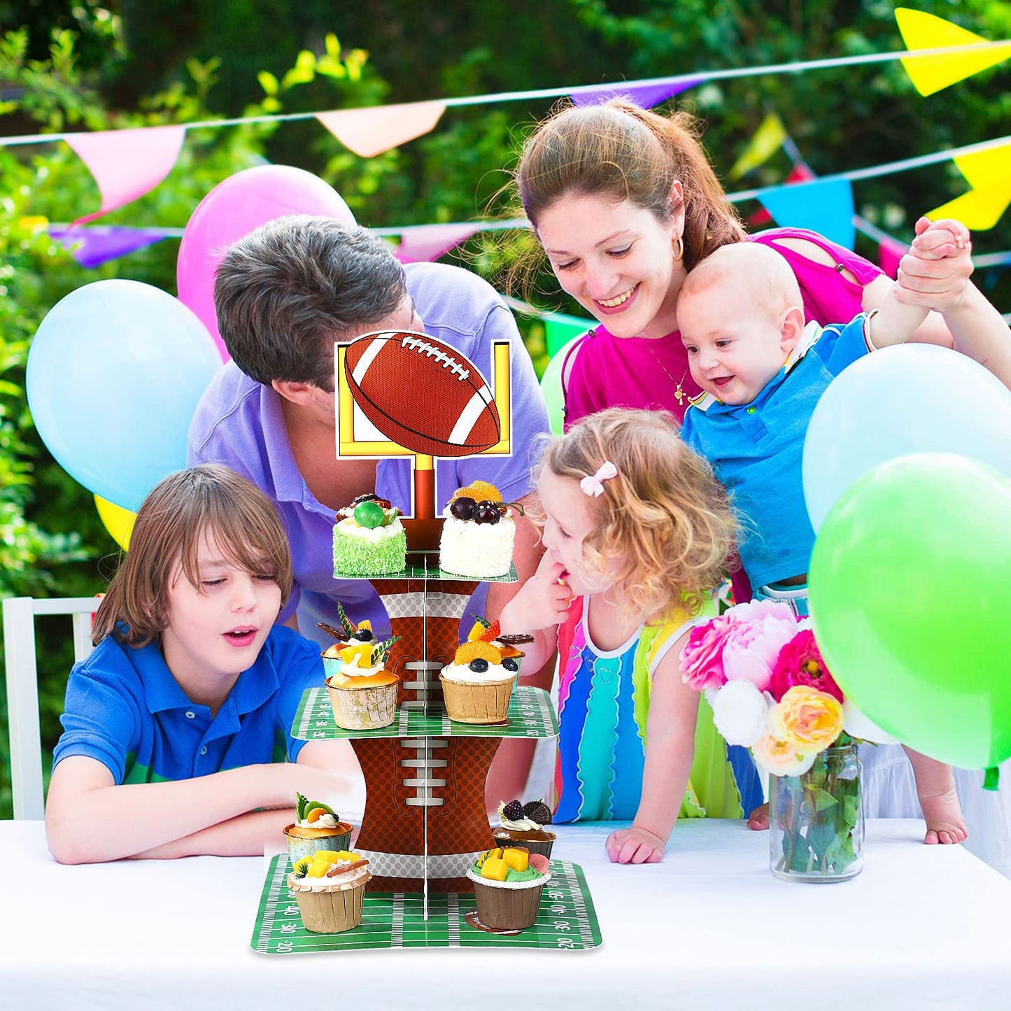 Nuenen Football Theme Party Cupcake Stand Decorations, 3 Tier Cupcake Concession Tower Sports Theme Birthday Dessert Stand Holder for Sports Tailgate Party Supplies Decoration (Football)
