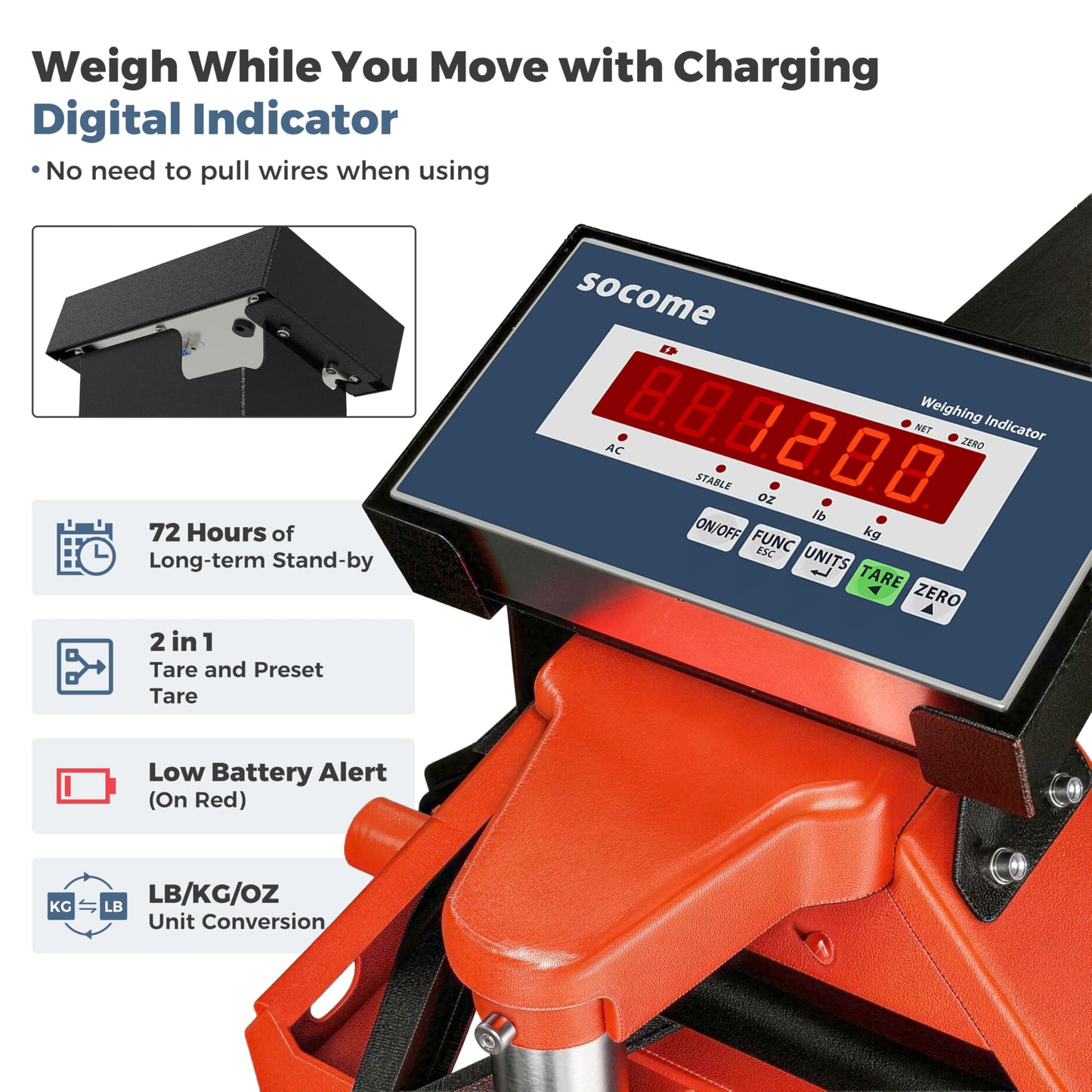 SOCOME Pallet Jack Scale with Digital Indicator, Heavy Duty Industrial Fork Floor Scale for Warehouse, Shiping, Post, 4400 lb x 1 lb, 54" x 27" Fork Size, 2 Pieces, Tangerine