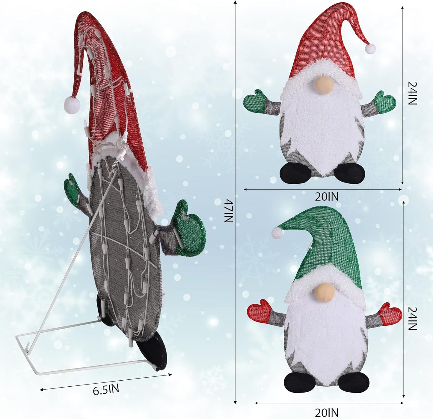Waterglide Lighted Christmas Tinsel Gnomes - 24 Inch Pre-Lit 2D Stacked Gnome Decorations for Indoor/Outdoor Holiday Decor