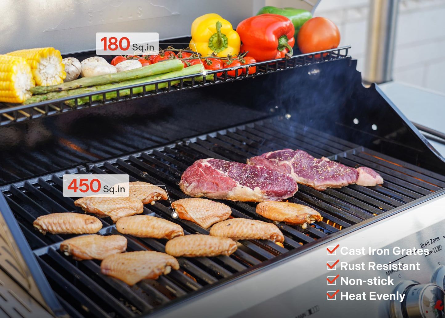 Monument Grills 4+1 Burner Natural Gas Grill with Natural Gas Hose, 50,000 BTU Stainless Steel Outdoor Patio Barbecue Grill, Broil Zone Fast Heating, Knob Lights, and Easy Cleanup, M415BZNG
