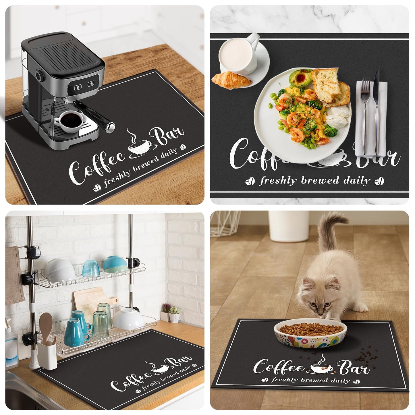 CooRug Absorbent Coffee Mat, Fashion Dish Drying Mat for Kitchen Counter Coffee Bar Accessories Espresso Machine Dish Rack 16" x 24" Black