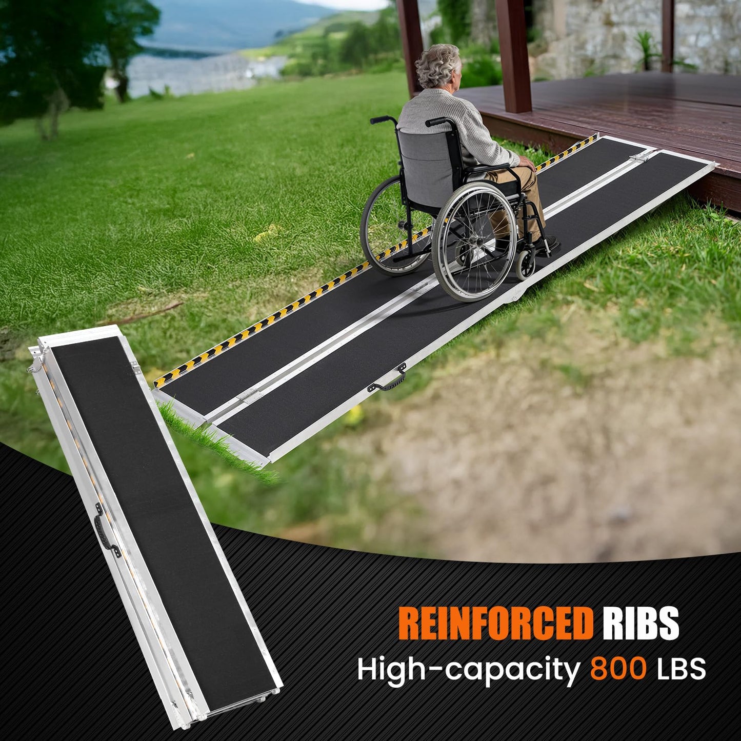 ExploreHorizon 7FT Aluminum Folding Wheelchair Ramp - Heavy Duty 800 lbs Capacity, Portable Ramp for Cars, Stairs, Doorways, Scooters & Home Steps with Non-Slip Surface