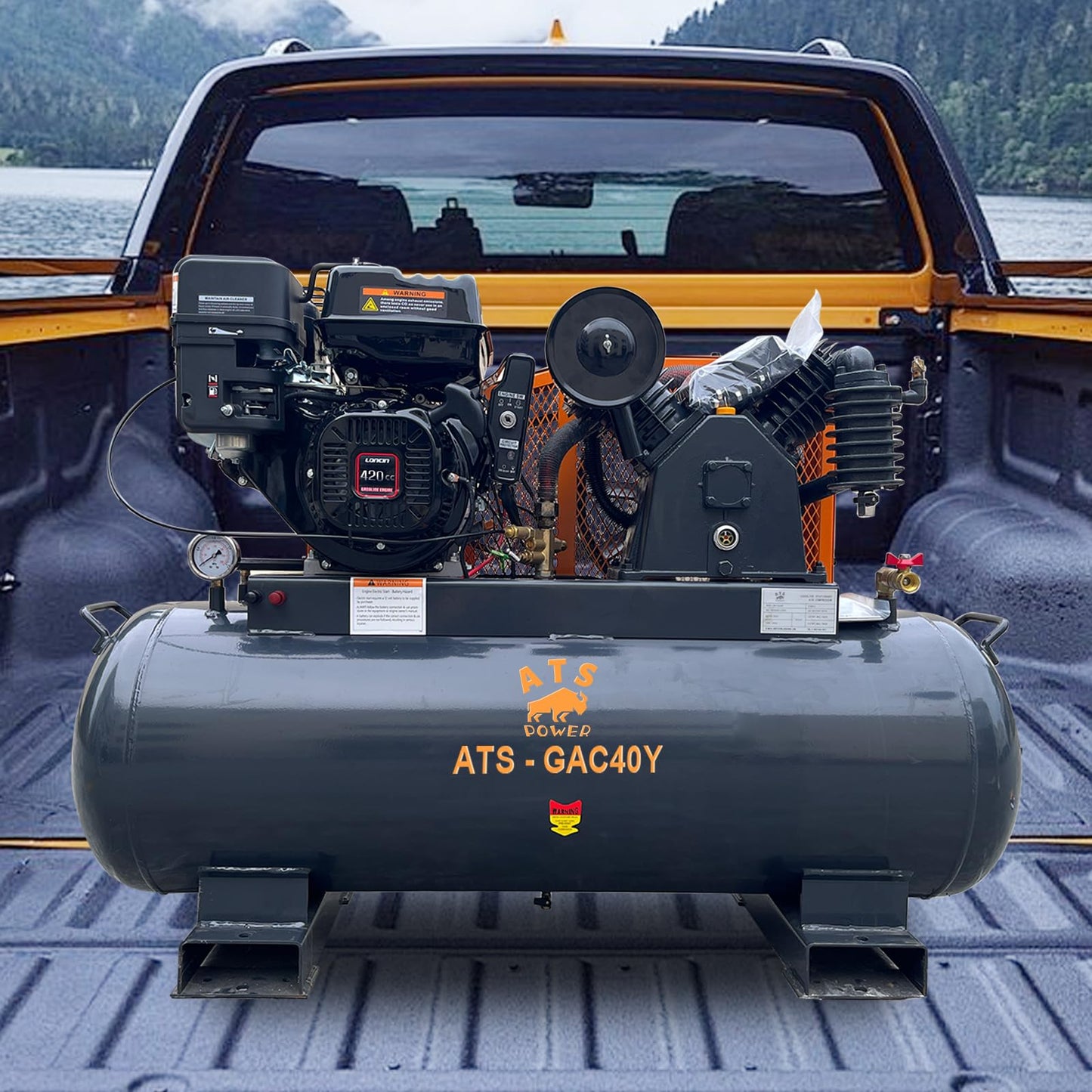 40 Gallon Air Compressor - 15HP 420cc Gasoline Engine, 175 psi Max Pressure, 24 CFM, 2 Stage Compression For Sandblasting, Impact Wrenches, Spray Guns