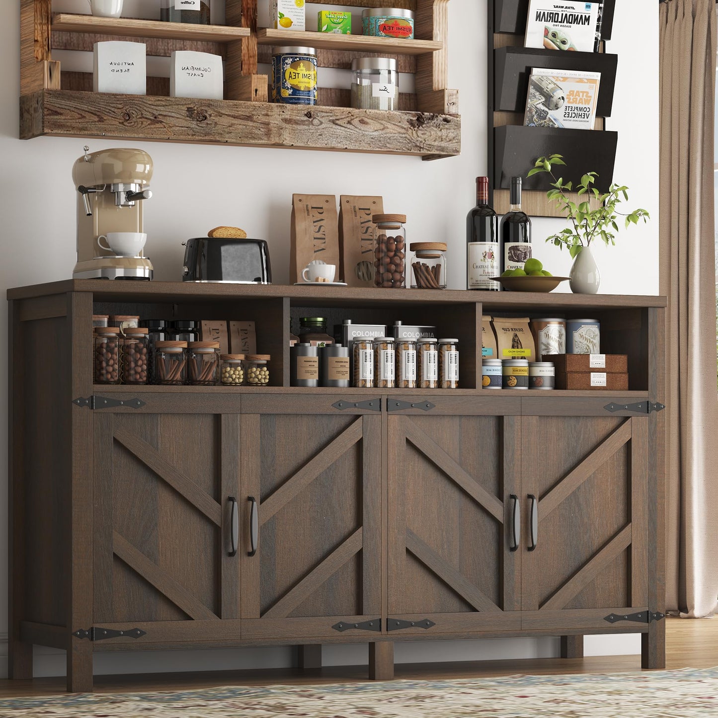 knoworld Buffet Sideboard with Storage Farmhouse with 4 Doors, 55'' Large Kitchen Storage Cabinet Wood Coffee Bar Cabinet Buffet Table with Shelves for Kitchen, Dining Room, Entryway (Brown, 55in)