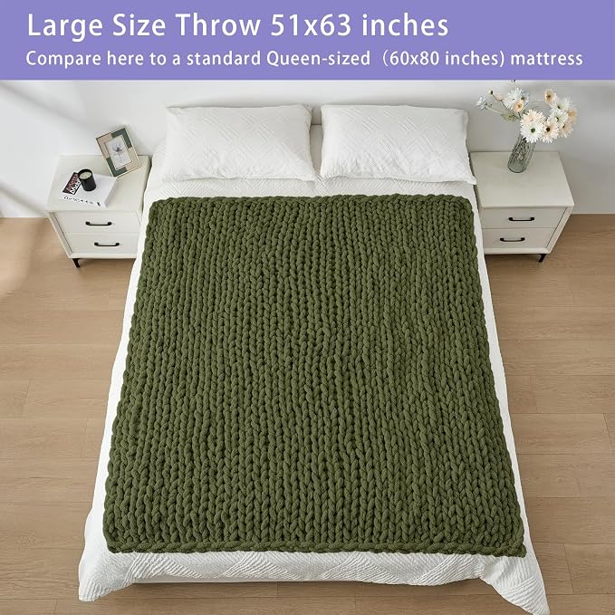 Bigacogo Chunky Knit Throw Blanket for Couch, 51x63 inches, 100% Hand Knitted with Thick Jumbo Chenille Yarn, Cozy Soft Large Rope Knot Cable Crochet Blankets for Sofa Bed Living Room, Yellow Green