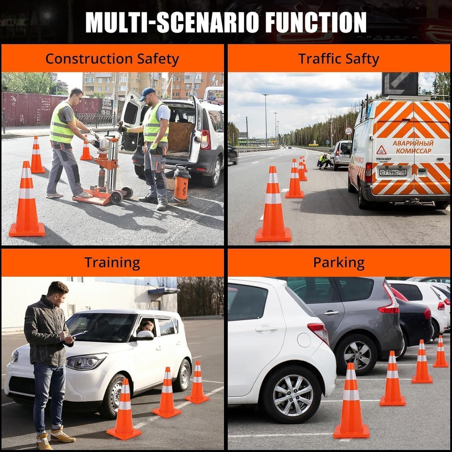 12 Pack Traffic Cone Set, 28 Inch High-Visibility Stackable Barriers with Reflective Collars, PVC Base, Collapsible Safety Stream Cones for Parking, Construction, Event Control, Sports Training