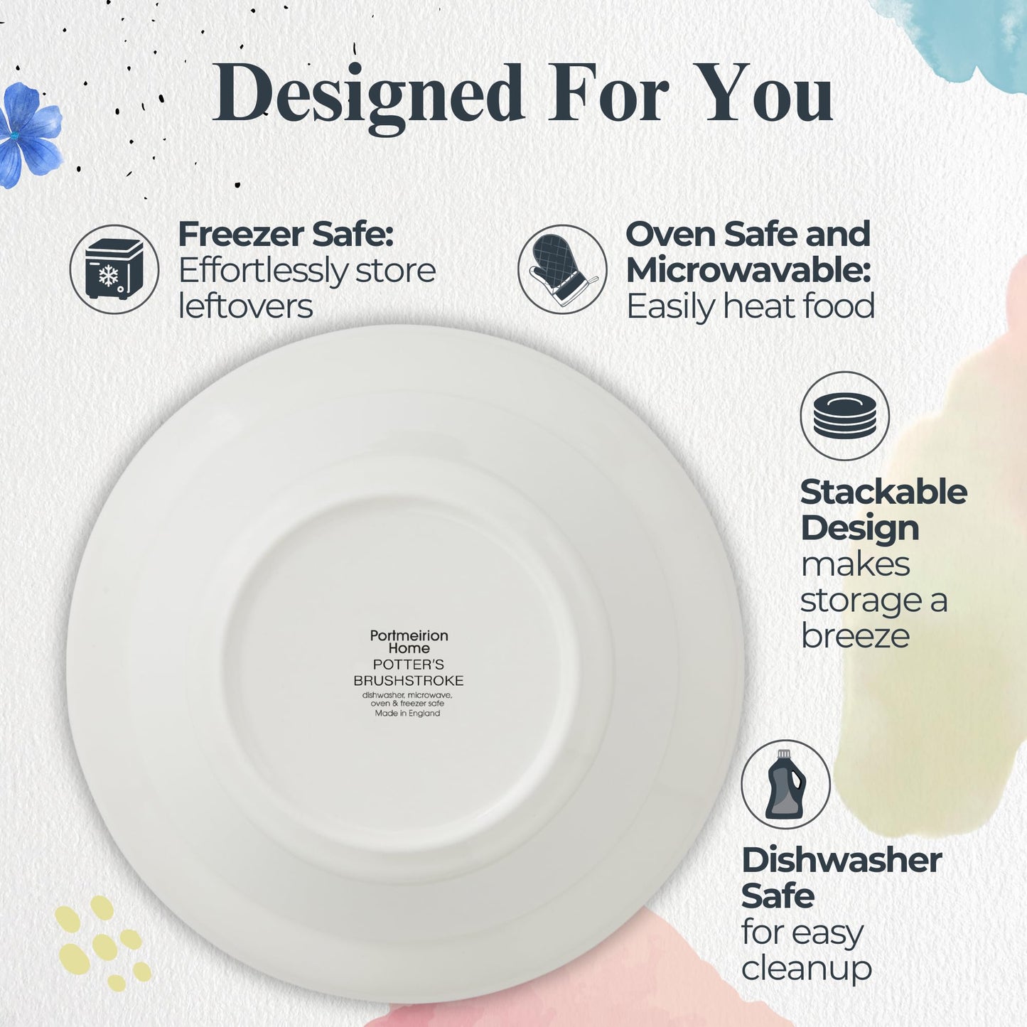 Portmeirion Potter's Brushstroke Oatmeal Bowl (Set of 4) - Ideal for Porridge, Soup, Desserts - Microwave & Dishwasher Safe Earthenware Bowls, Durable Dishware Collection - Made in UK (Blue)