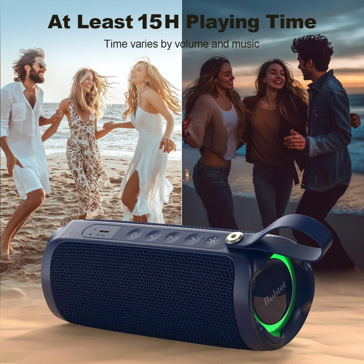 Bobtot IPX6 15W 15H Portable Bluetooth Speaker, Waterproof Speaker with Punchy Bass, Loud Sound, RGB, Playtime, Dual