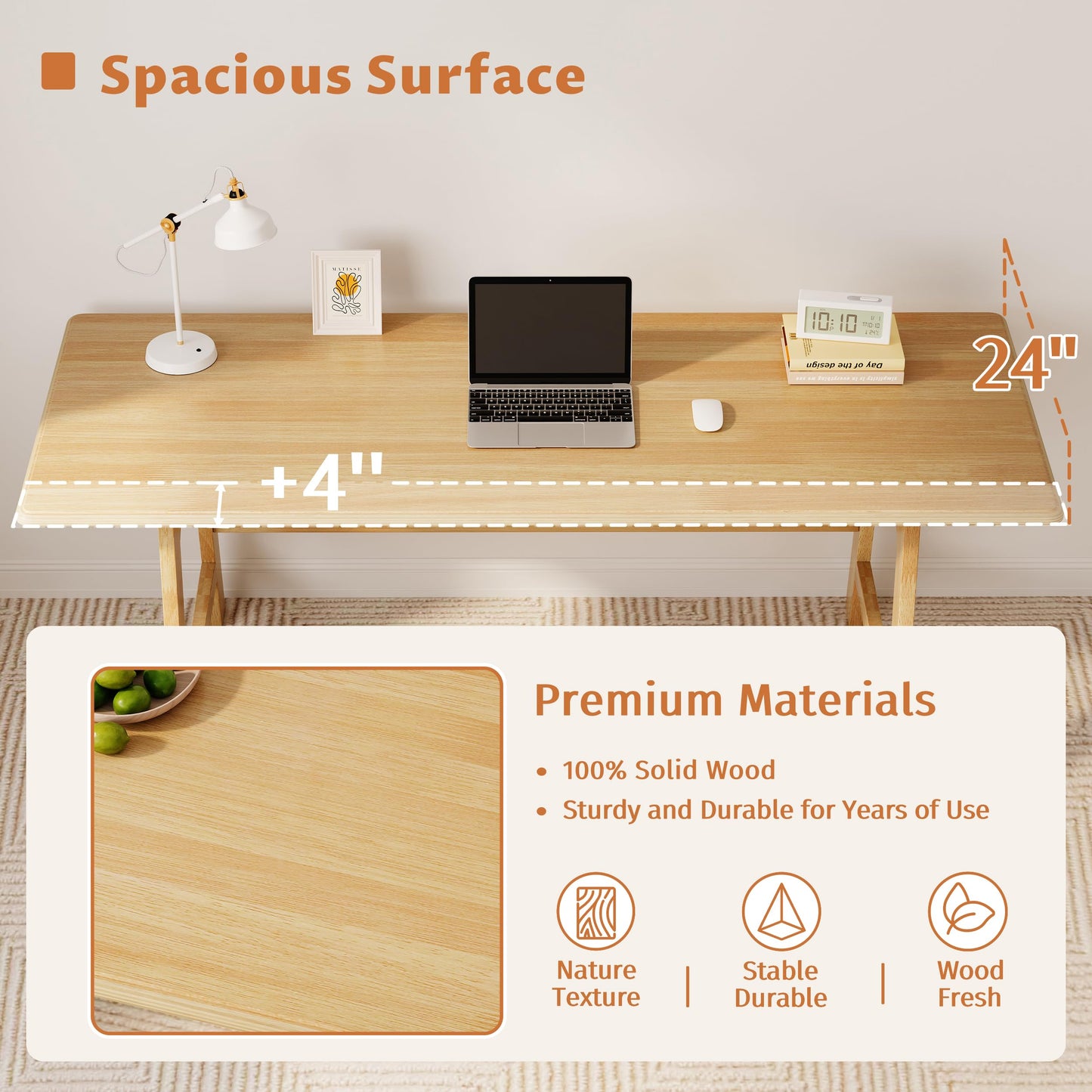 IOTXY Solid Wood Writing Table - 72" W x 24" D Minimalist Long Computer Desk for Home Office, Work, Study, Creativity, and PC Workstation, Oak