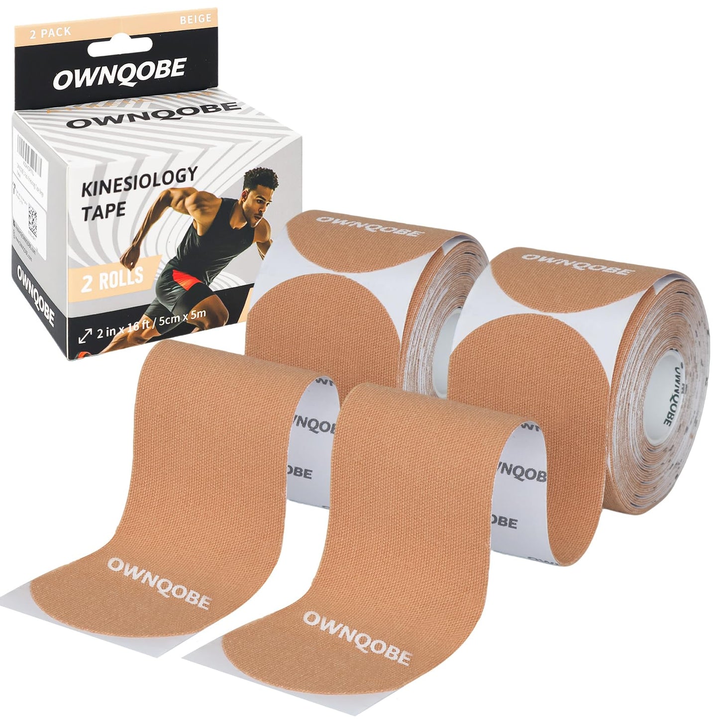 OWNQOBE Kinesiology Tape Precut (2 Rolls, 40 Strips) –Waterproof, Latex-Free Hypoallergenic Athletic Tape for Muscle & Joint Support –Breathable Elastic Sports Tape for Recovery & Shoulder Pain Beige