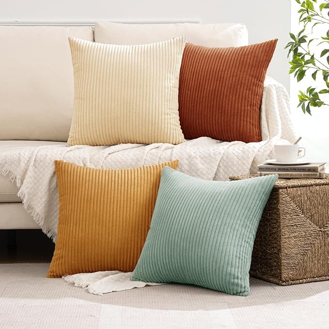 MIULEE Boho Farmhouse Throw Pillow Covers 20x20 Inch Set of 4 Modern Natural Decorative Cushion Covers Soft Corduroy Home Decor for Spring Couch Bed Sofa Living Room Teal-Rust Gradient Series