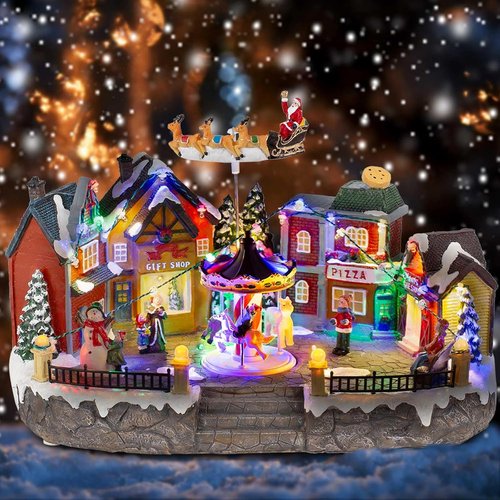 Animated Christmas Village Scene - Santa Sleigh, LED Lights & Rotating Carousel | Musical Holiday Town Square Display