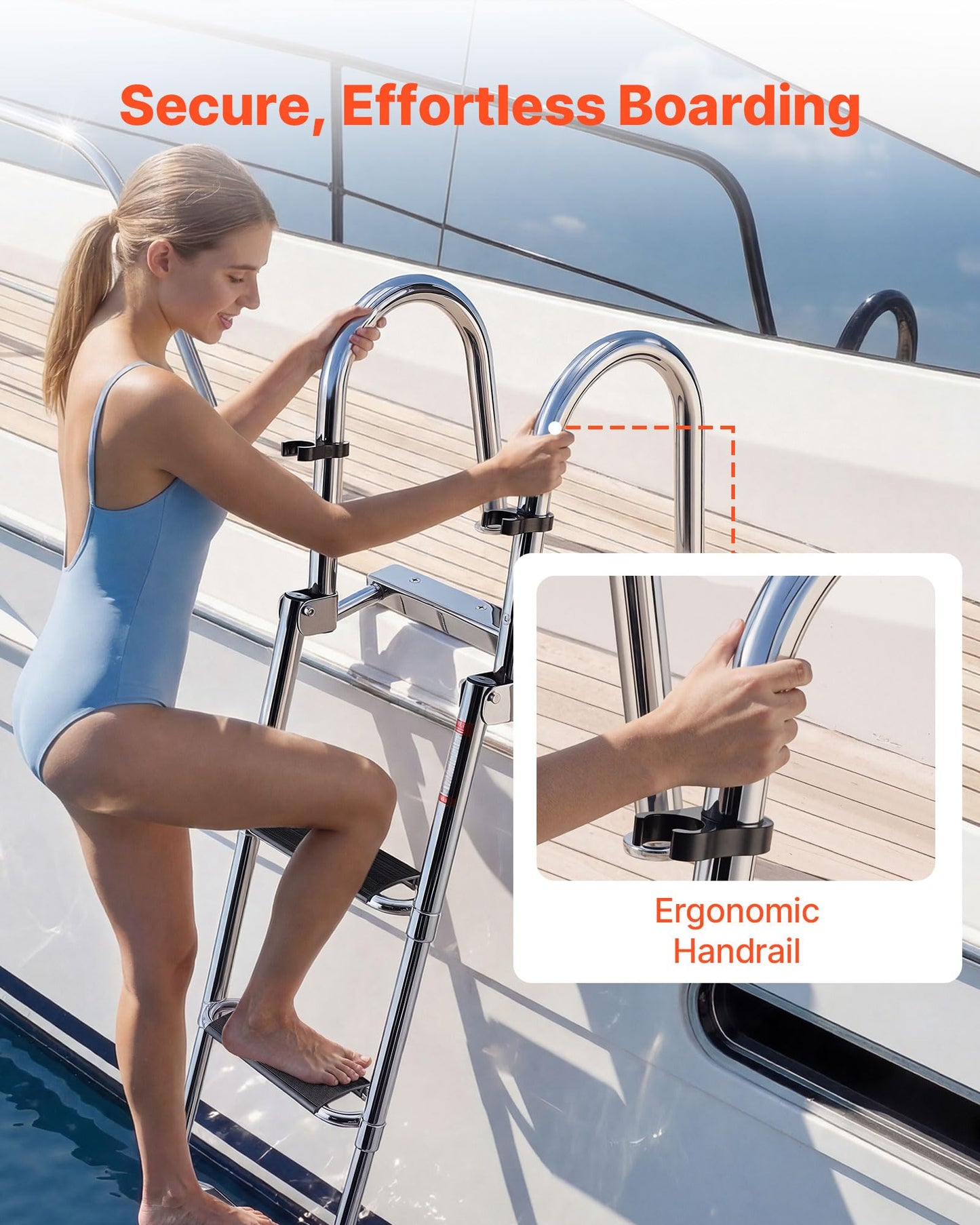 VEVOR Boat Ladder, 4 Steps Stainless Steel Telescoping Folding Swim Deck Ladder for Rear Entry Inboard, 600lbs Capacity with 4.1'' Extra Wide Steps & Handrails, for Outboards, Yacht, Pontoon Boat