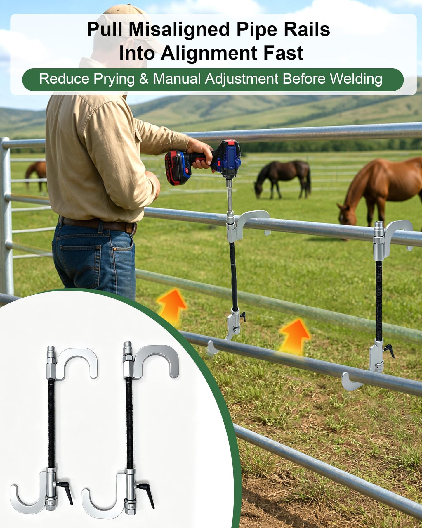 2 Pack Pipe Fence Alignment Tool, Heavy Duty Welding Alignment Clamp for Round Tubing up to 3", Adjustable Fence Pulling Tool for Fence Installation, Fabrication and Repair, Max 19" Reach
