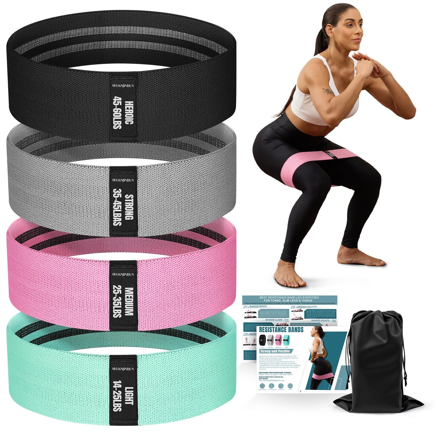 Resistance Bands for Working Out with Guide, 4 Workout Bands for Women & Men, Fabric Exercise Bands for Legs, Hip, Glute, Butt, Booty Bands Set for Yoga, Pilates, Strength (Green, Pink, Gray, Black)