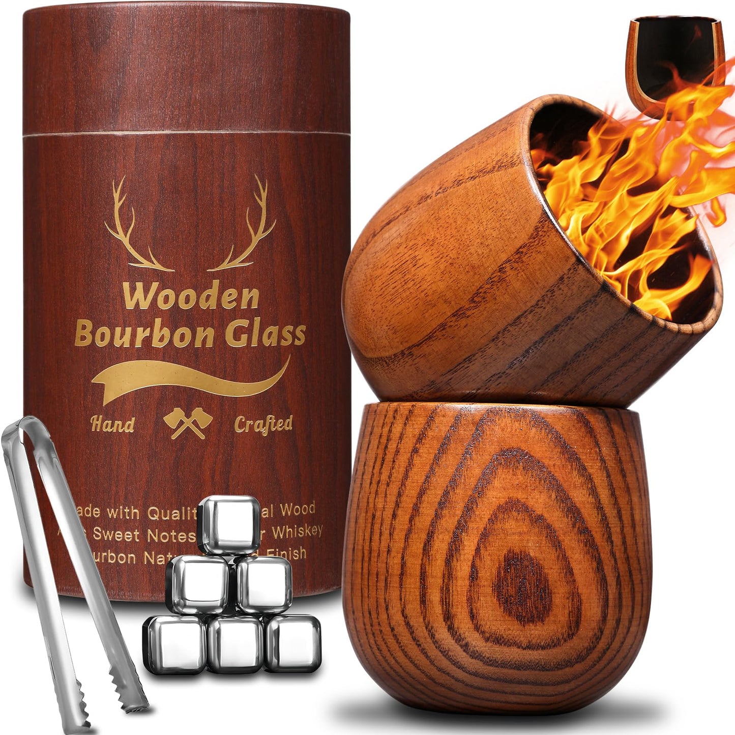 Original Charred Wooden Bourbon Drinking Glass, 11oz Handcrafted Whiskey Glasses for Men, Unique Unbreakable Old Fashioned Whiskey Glass for Dad, Husband or Bourbon Lovers