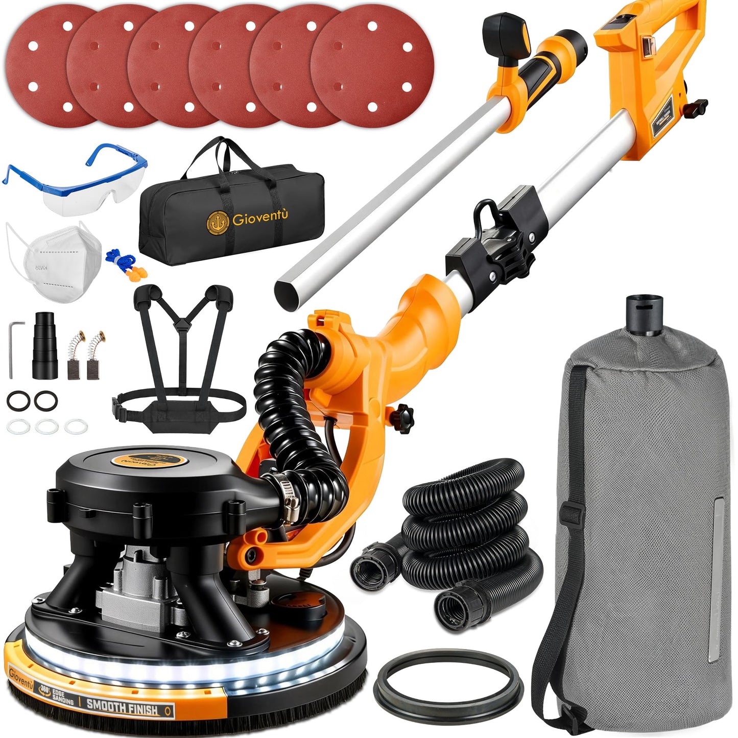 Electric Drywall Sander, 950W Drywall Power Sander with Vacuum Dust Collector, 9 Variable Speed 800-2100RPM, LED Light, Dustless Wall Sander for Drywall, Popcorn Ceiling, Corner etc