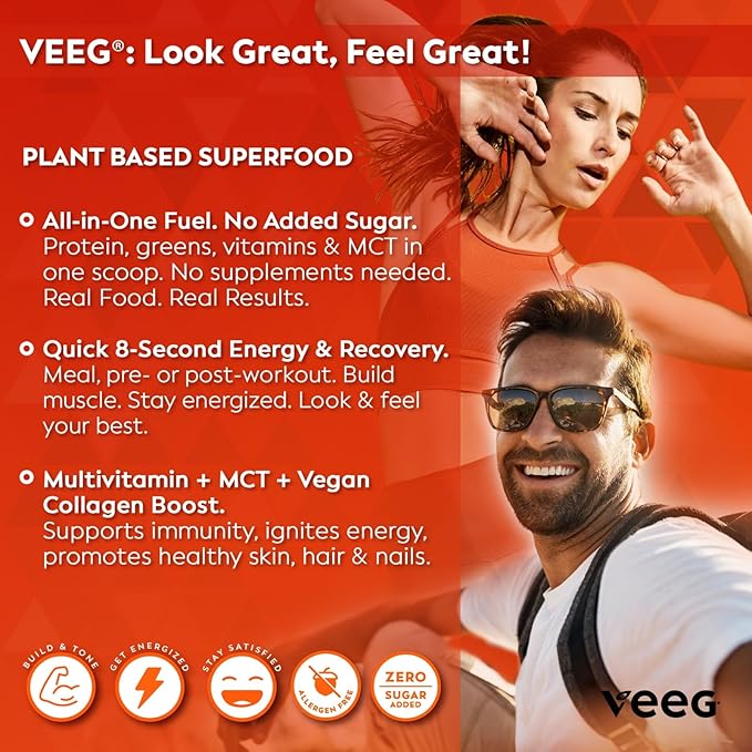 Veeg All in One Protein Smoothie Powder ??Plant Based Protein, Vegan Collagen, MCT Powder, Multivitamin, Greens Superfood Powder, Meal Replacement, Probiotics, Sugar Free,15 Servings (Chocolate)