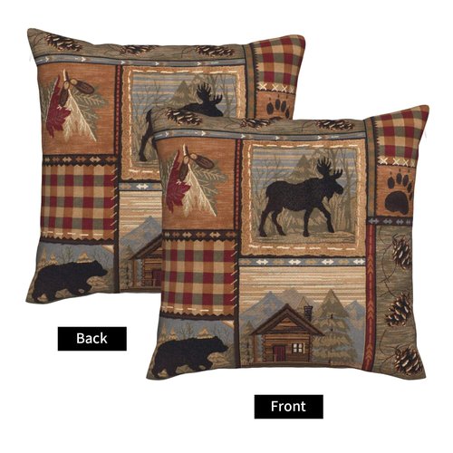 DATANSEN Set of 4 Square 18x18 inch Retro Brown Throw Pillow Covers Rustic Lodge Bear Moose Decorative Throw Pillowcase for Home Sofa Thick Cotton Linen Cushion Cases (45x45 cm) Paw Prints Cabin