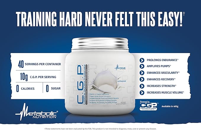 Metabolic Nutrition, CGP, Creatine Glycerol Phosphate, 100% Micronized Creatine Powder, Pre Intra Post Workout Supplement, Fruit Punch, 400 Grams (40 Servings)
