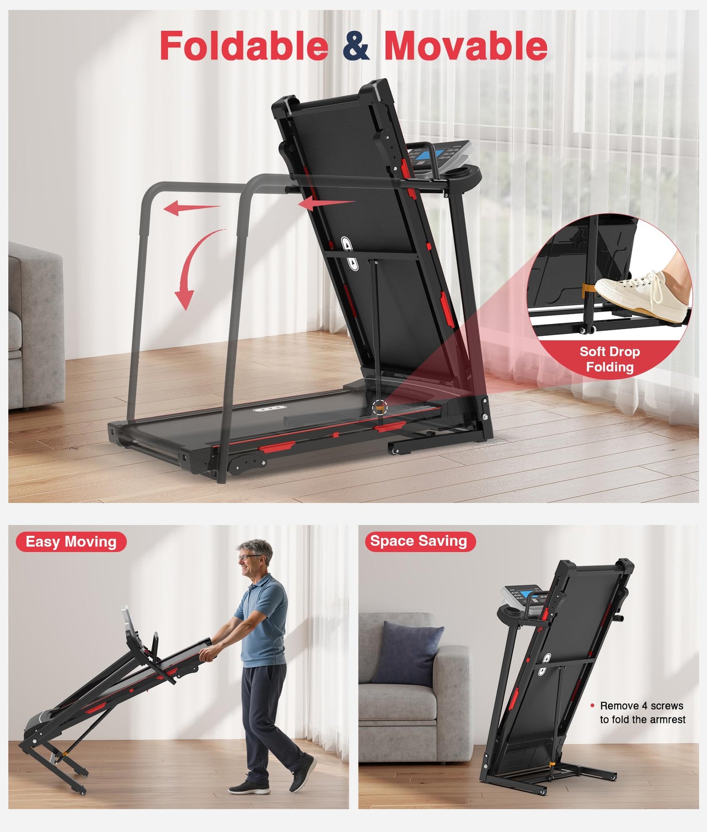 Redliro Walking Treadmill for Seniors Foldable - 400 Lb Capacity Senior Treadmill with Front & Long Handrails, 0%-2% Incline Home Recovery Fitness Exercise Machine for Elder, 47.6" Long Belt, APP