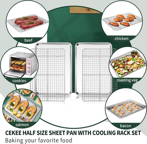 CEKEE Stainless Steel Half Sheet Pans Set - 2 Large Baking Sheets with Racks | Rust & Warp Resistant, 18-Inch