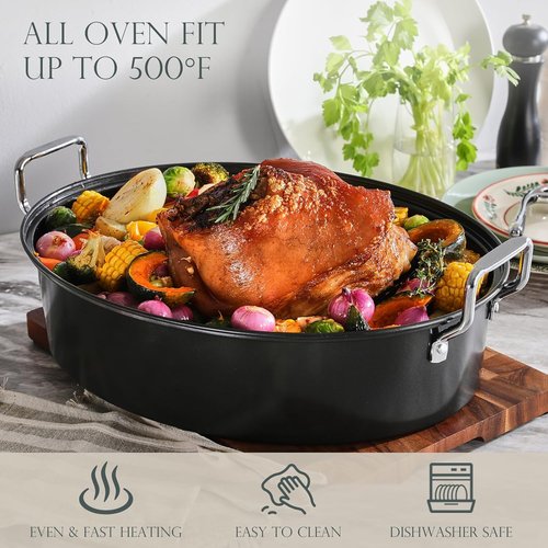 KITESSENSU Extra Large Roasting Pan with Lid - Nonstick Turkey Roaster with Rack | 18.5 x 14.5 In, Heavy Duty, Dishwasher Safe, Grey