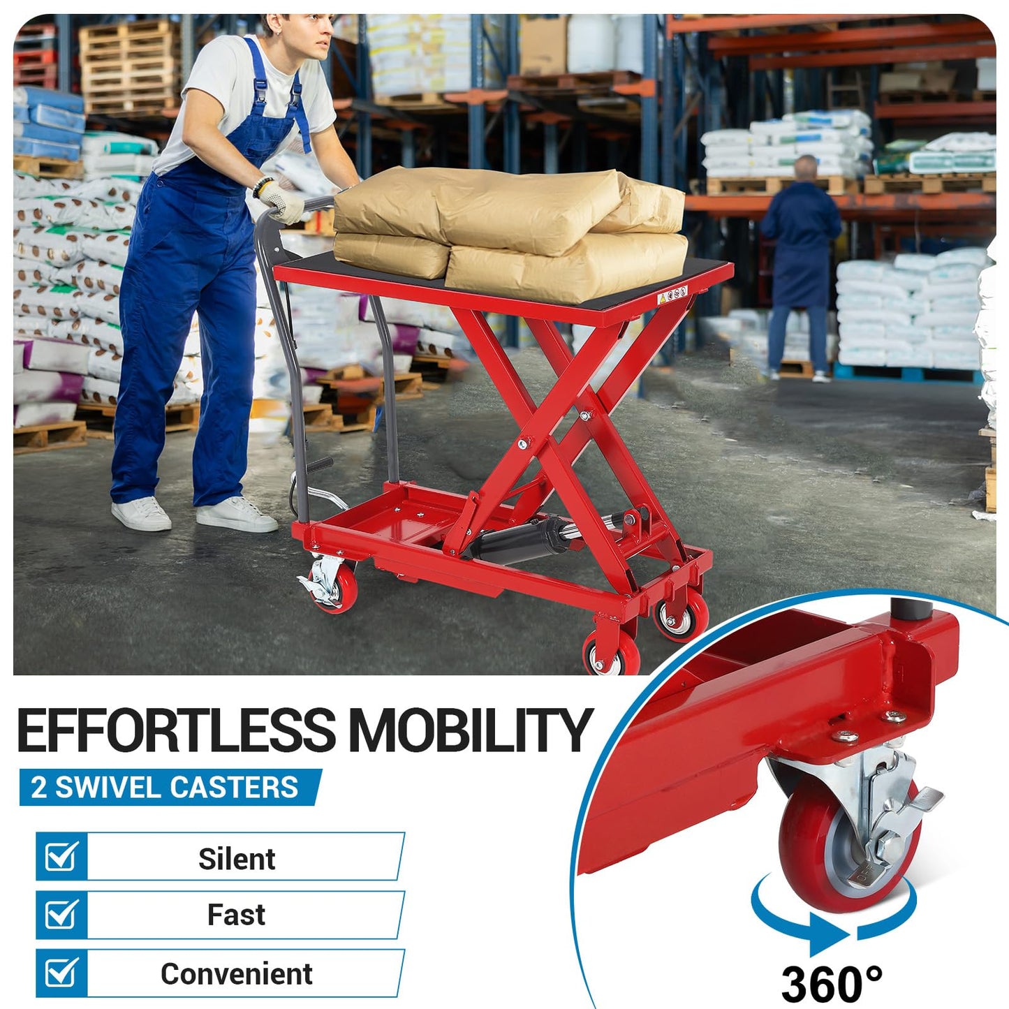 Garvee Hydraulic Lift Table Cart, 1100 LBS Capacity 32" Lifting Height Single Scissor Lift Table with 4 Wheels & Non-Slip Pad, for Material Handling and Transportation, Red