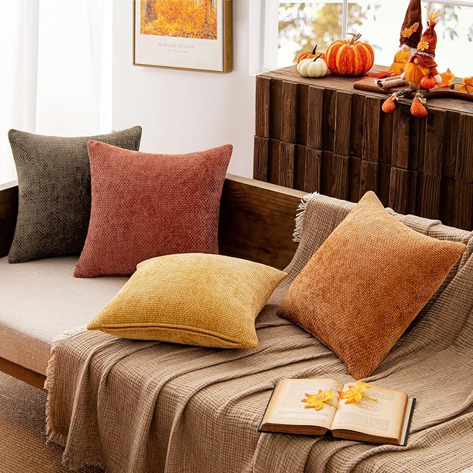 MIULEE Pack of 4 Orange/Yellow Couch Throw Pillow Covers 18x18 Inch Halloween Soft Decorative Chenille Pillows Farmhouse Accent Cushions for Boho Home Decor Spring Sofa Bedroom Living Room