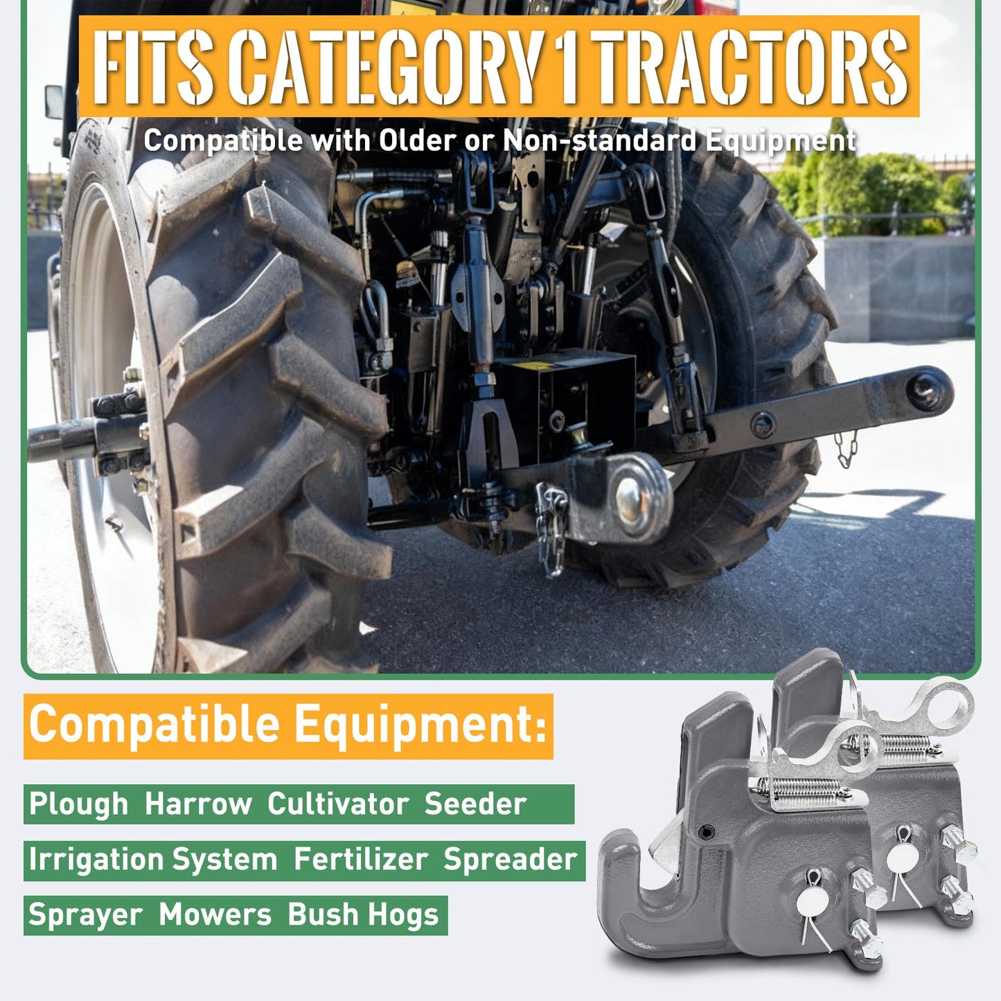 Upgraded Cat 1 Tractor Easy Change Quick Hitch System, Compatible with 3 Point Hitch Adapter, Tractor Hitch Faster Attach and Detach to Implements, Comes Stabilizer Bar, Grey