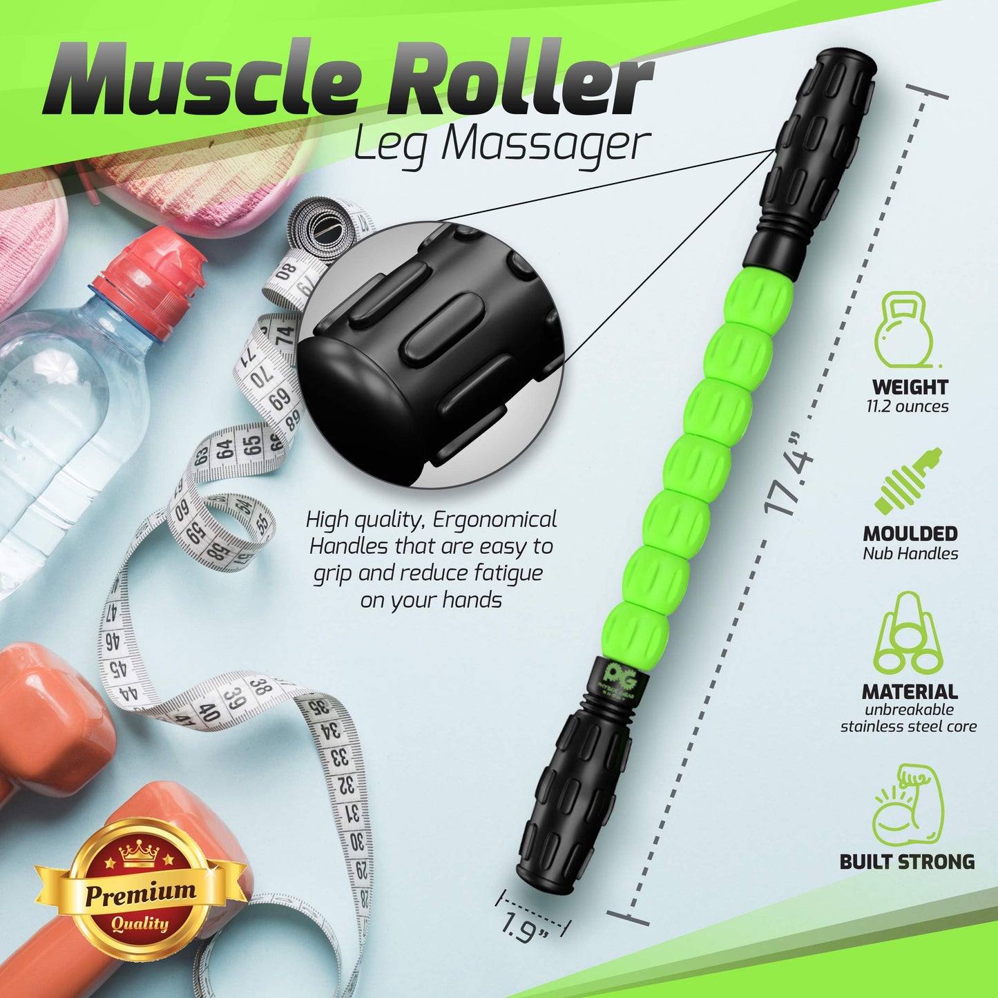 Physix Gear Roller Stick - Muscle Roller Massage Stick for Legs, The Stick Massage Roller for Deep Tissue Massaging Stick for Athletes, Physical Therapy Muscle Roller, Recovery Stick Roller, Green