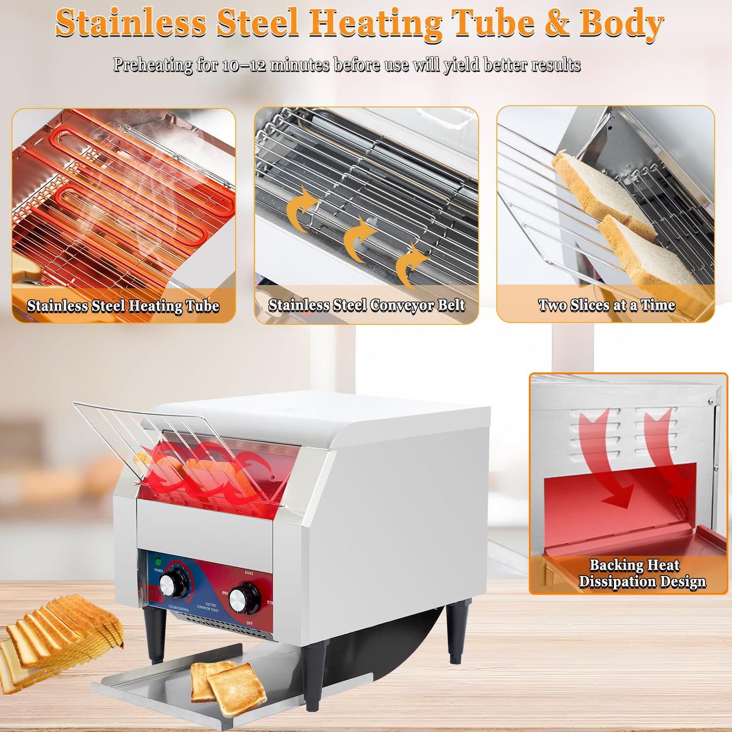 CTJ Commercial Toaster 300 Slices/Hour Electric Conveyor Toasters Heavy Duty Stainless Steel Rotating Toasters Machince for Croissants Bun, Bagel, Bread