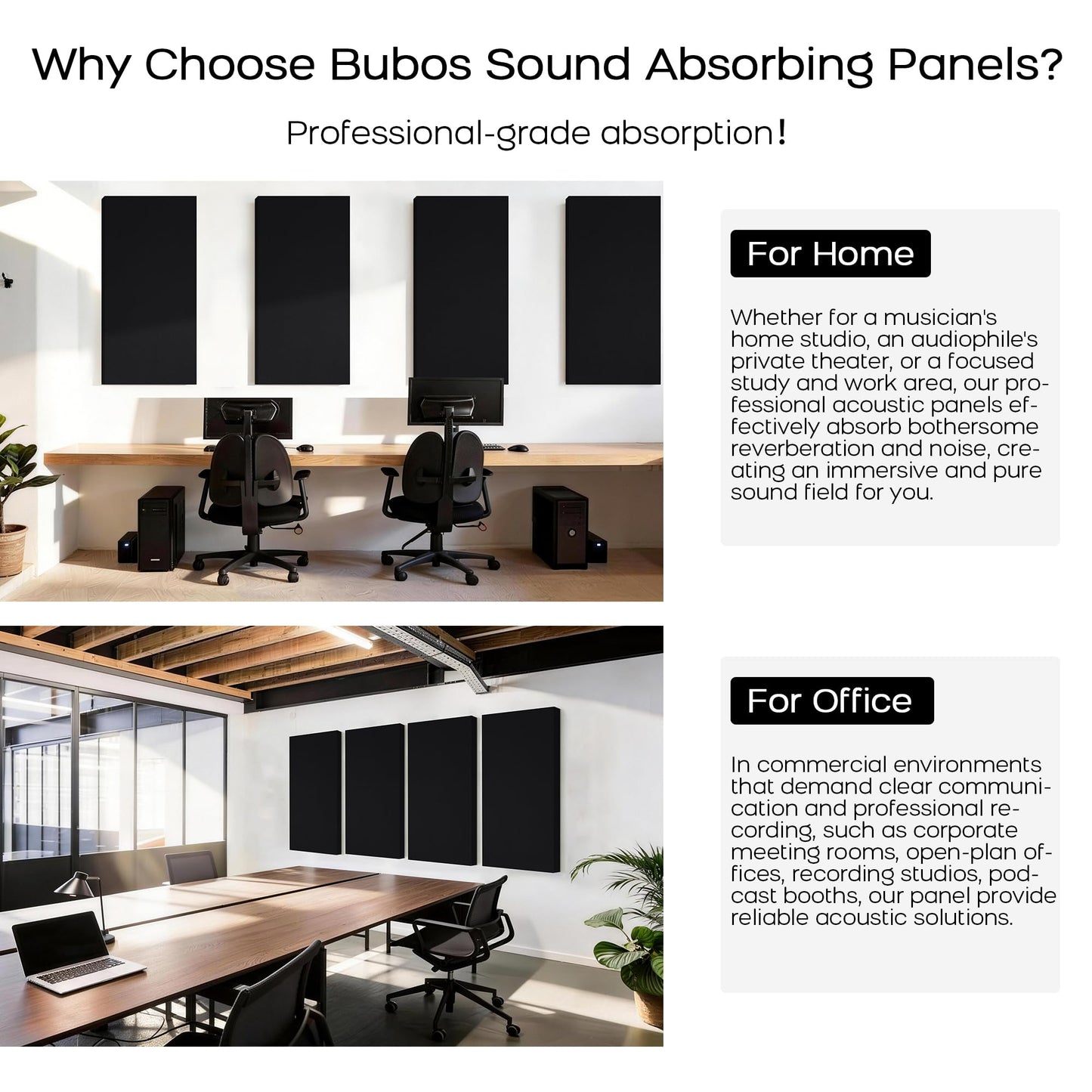 BUBOS 2-Pack Fabric Acoustic Panels with Hanging Hardware, 47.2" x 23.6" x 2" Large Soundproofing Wall Panels, High-Density Sound Absorbing Decor for Home Theater, Studio & Office,Balck