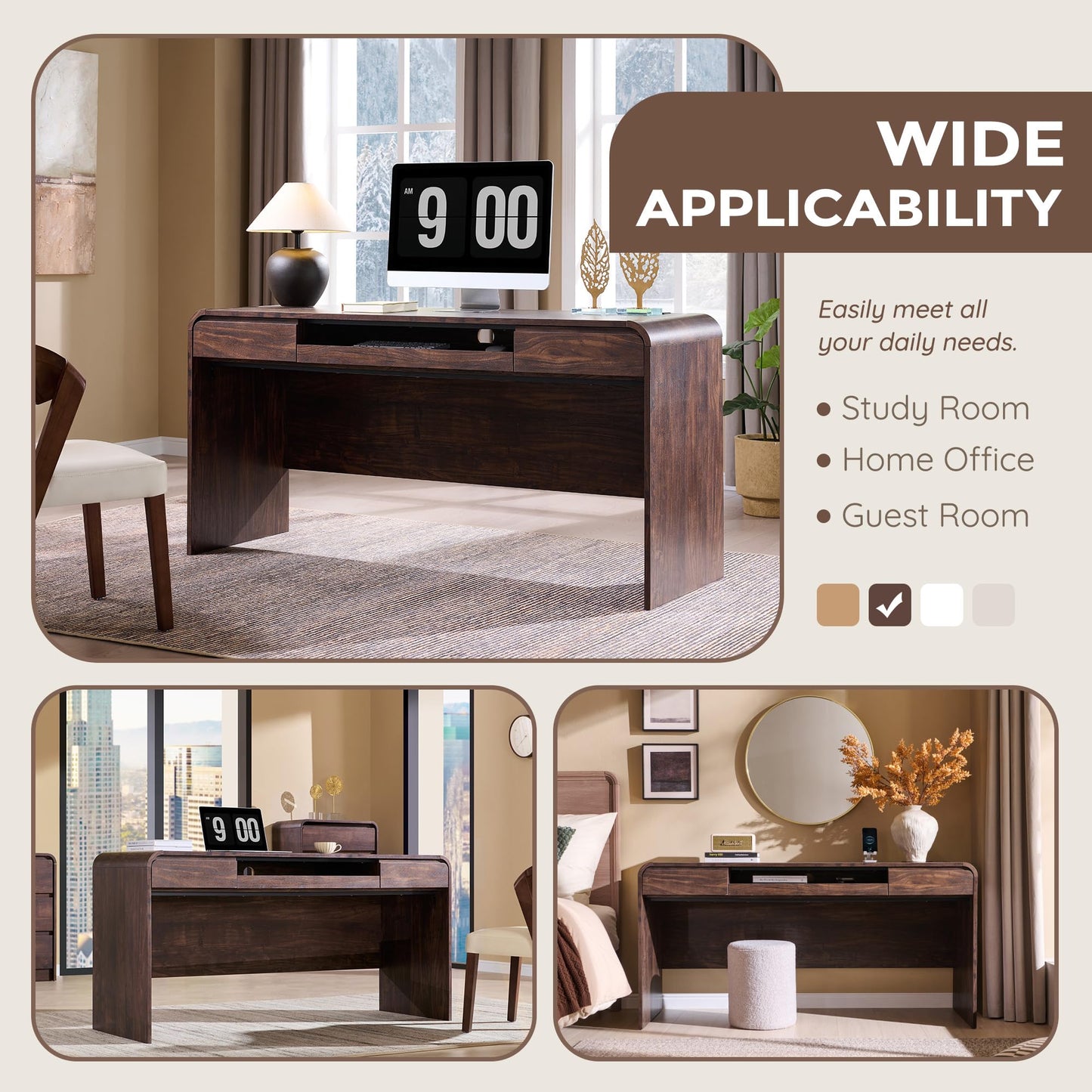 ALLTUFO 63" Modern Computer Desk with 2 Drawers, Wood Curved Executive Desk with Keyboard Tray & Power Outlet, Writing Desks with Storage for Home Office, Study Room, Living Room (Brown)