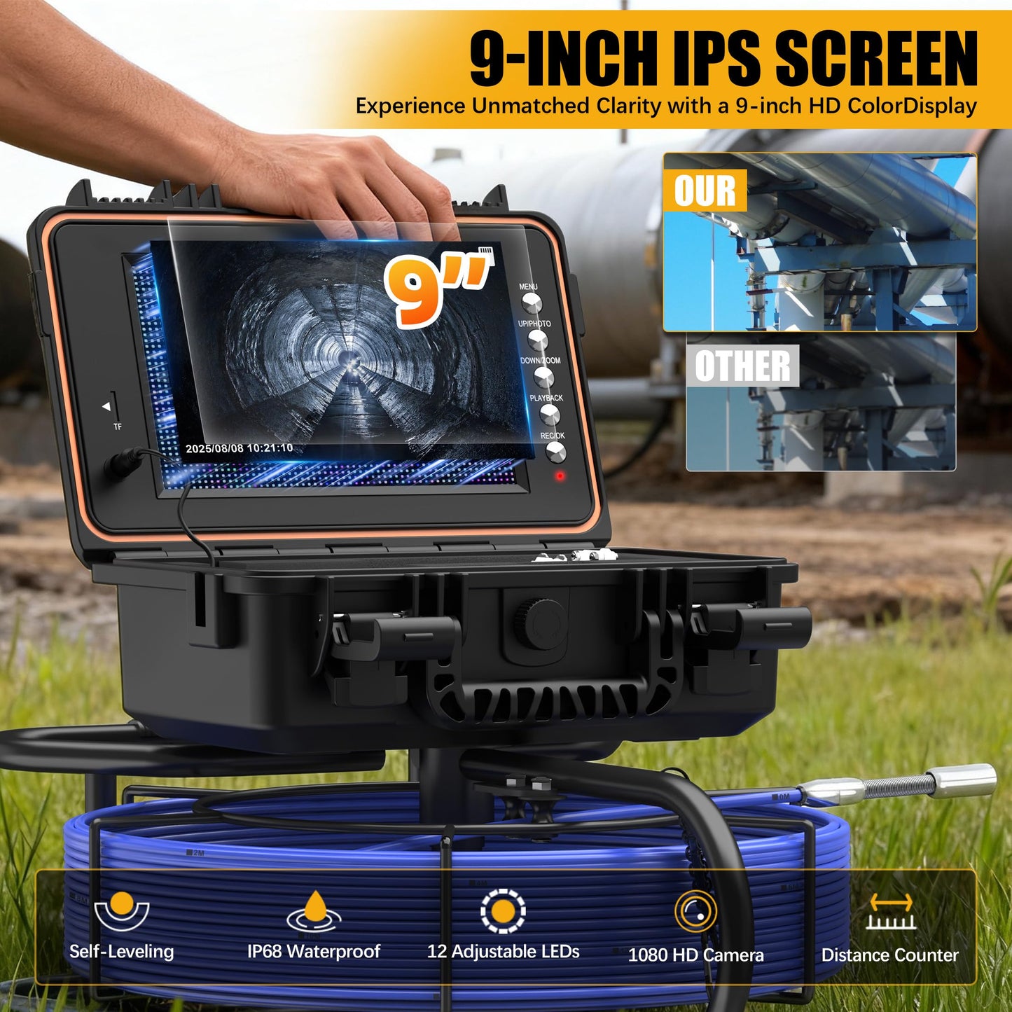 Sewer Camera 165FT, Self Leveling Drain Camera with Meter Counter, 7mm Thick Cable, 9" HD Screen 1080P Plumbing Cameras Snake with Light, 5100mAh Battery Duct Pipe Video Inspection Cam DVR 32GB