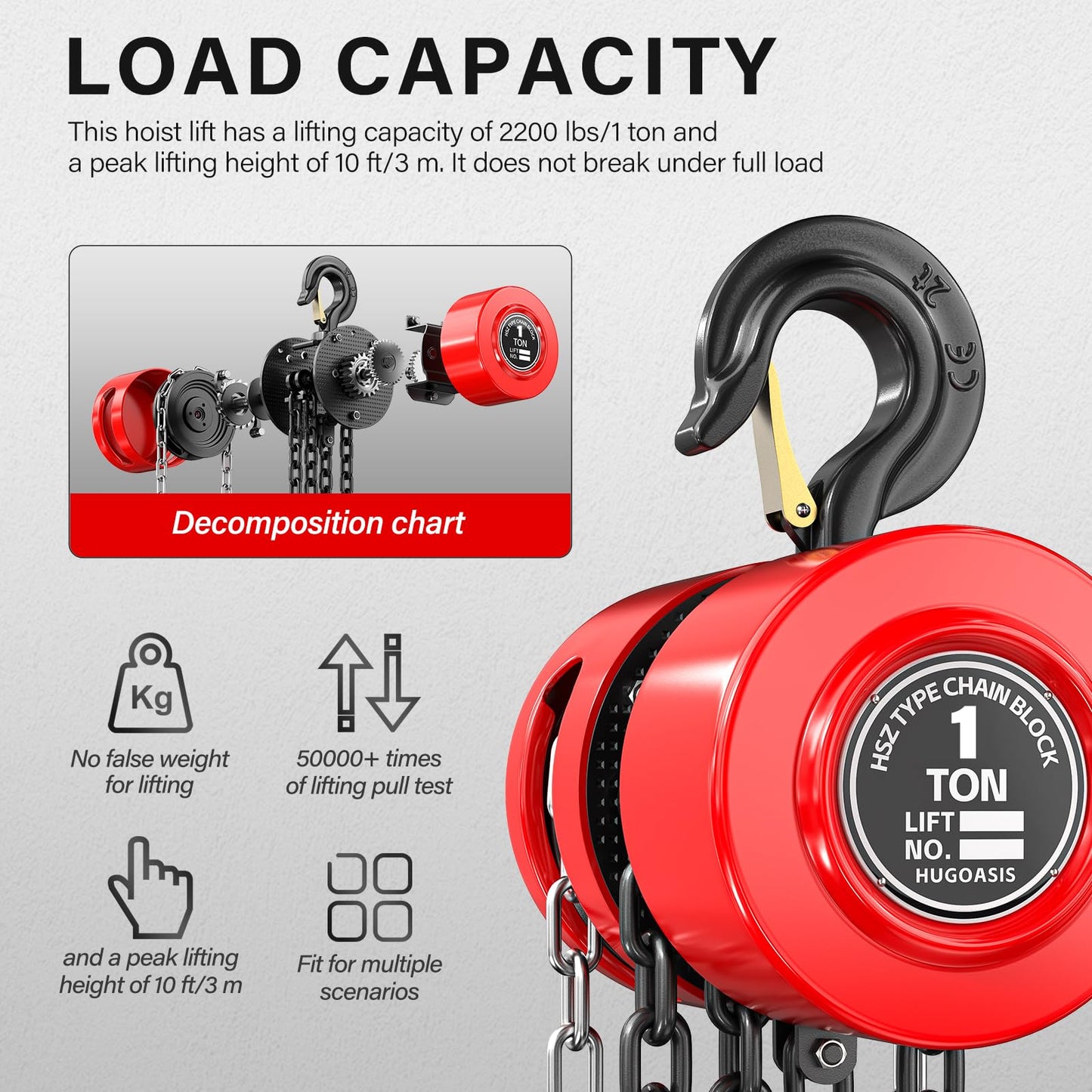 HUGOASIS Hand Chain Hoist 1Ton 2200lbs Capacity 10ft Lift,G80 Galvanized Steel Manual Chain Fall with 2 Heavy Duty Hooks for Warehouse Automotive Building,Red