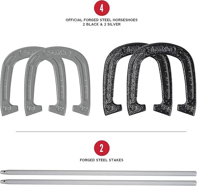 Franklin Sports Horseshoes Sets - Metal Horseshoe Game Sets for Adults + Kids - Official Weight Steel Horseshoes - Beach + Lawn Horseshoes Sets - Sets Include (4) Horseshoes and (2) Ground Stakes