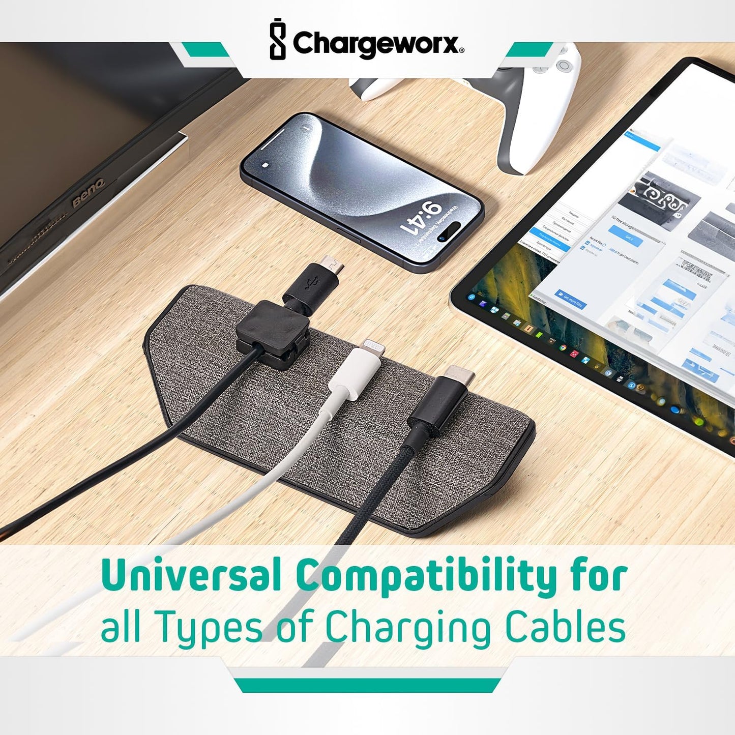 CHARGEWORX 3 Magnetic Cable Organizer Weighted Non-Adhesive Cord Holder with Magnetic Clips for USB-C, Lightning