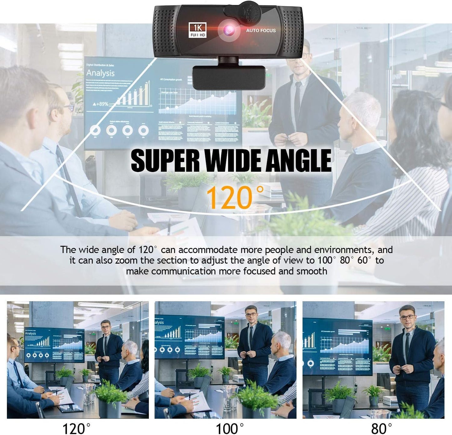RERBO 1080p 120-degree Webcam Full HD Camera with Microphone, AutoFocus Wide Angle Web Camera with Tripod Stand