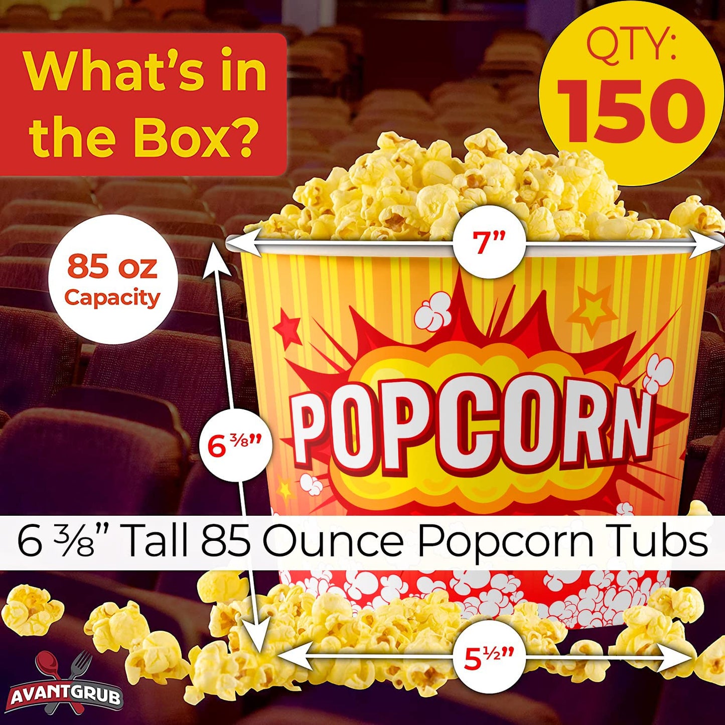 Greaseproof, Retro 85oz Popcorn Buckets 150 Pack. Durable Pop Corn Tubs in Red Yellow. Large Disposable Containers Perfect For Movie Night, Theme Party, Theater, Carnivals & Fundraisers