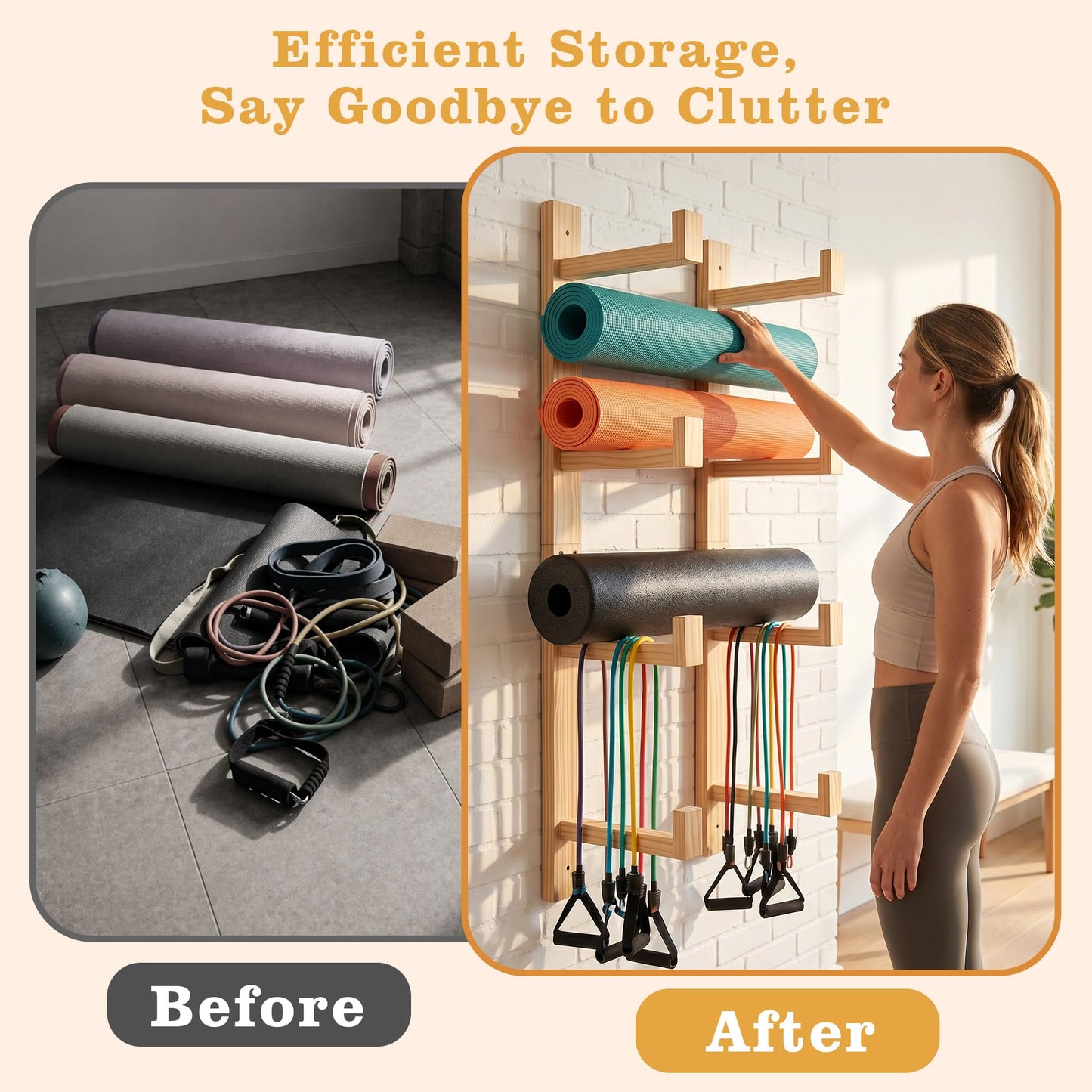 4-Tier Wooden Yoga Mat Holder Wall Mount, Yoga Mat Rack for Home Gym Organization, Wall Storage Hanger for Foam Roller and Fitness Accessories
