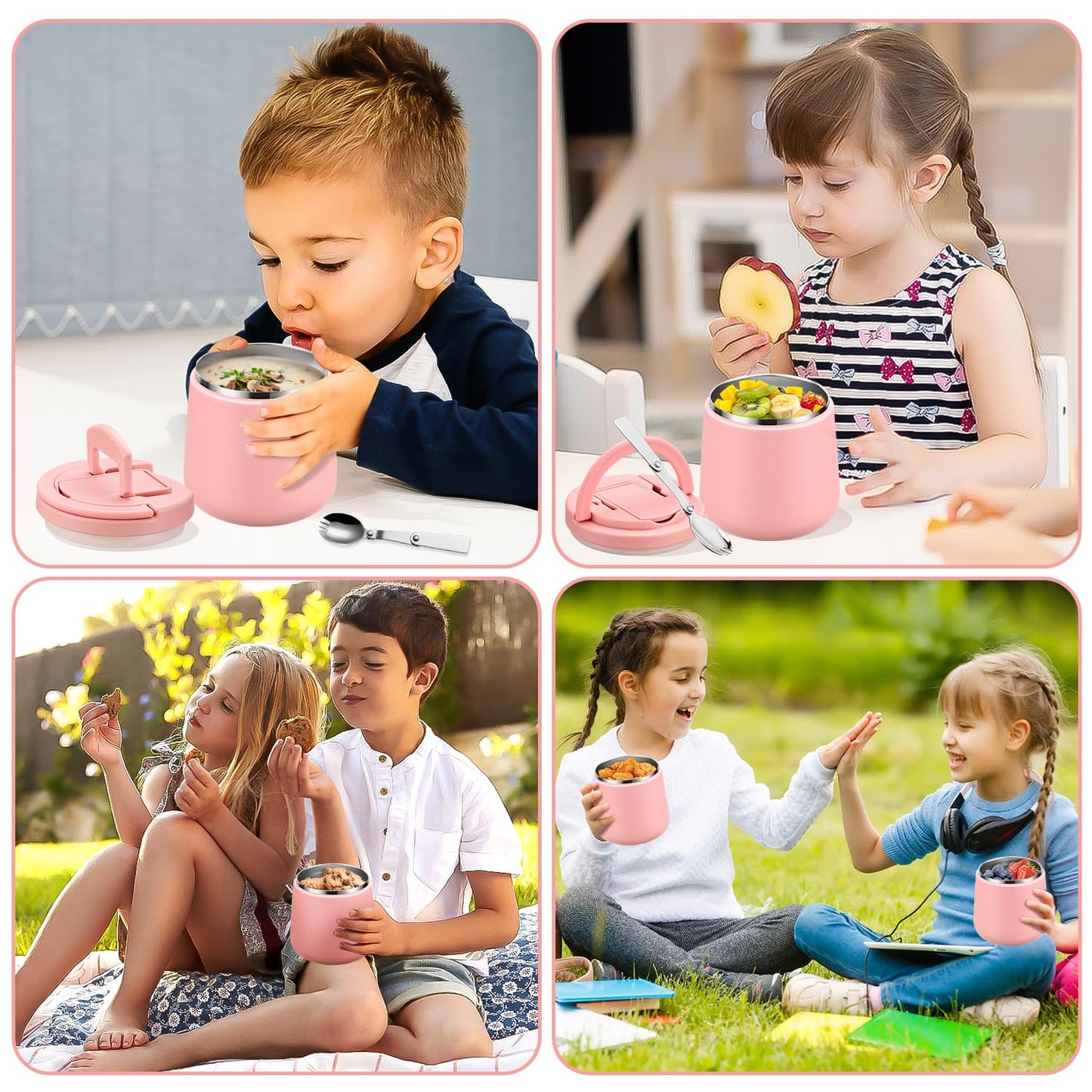 20oz Insulated Vacuum Food Jar with Buckle Lid,Soup Thermo for Hot Food Kids,Wide Mouth Leakproof Stainless Steel Lunch Container with Spoon-Pink