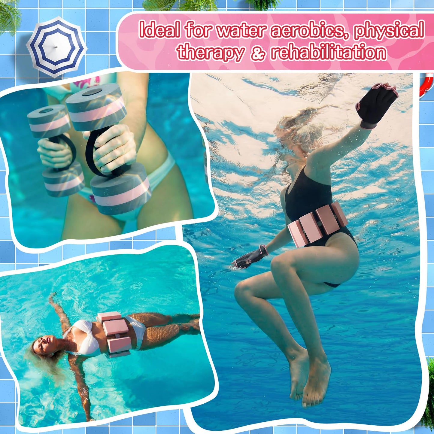 WinnerWhy 6 Pcs Aquatic Exercise Set Water Aerobic Equipment Large Mesh Beach Bag Pool Fitness Equipment Foam Dumbbell with Handle Strip Swimming Belt Gloves for Aquatic Fitness Weight Loss(Pink)