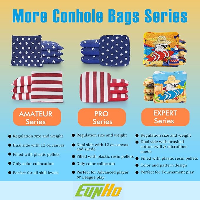 EunHo Cornhole Bags Regulation Dual Sided Set of 8, Professional Cornhole Bean Bags Slick & Sticky Side Bags with Carry Bag