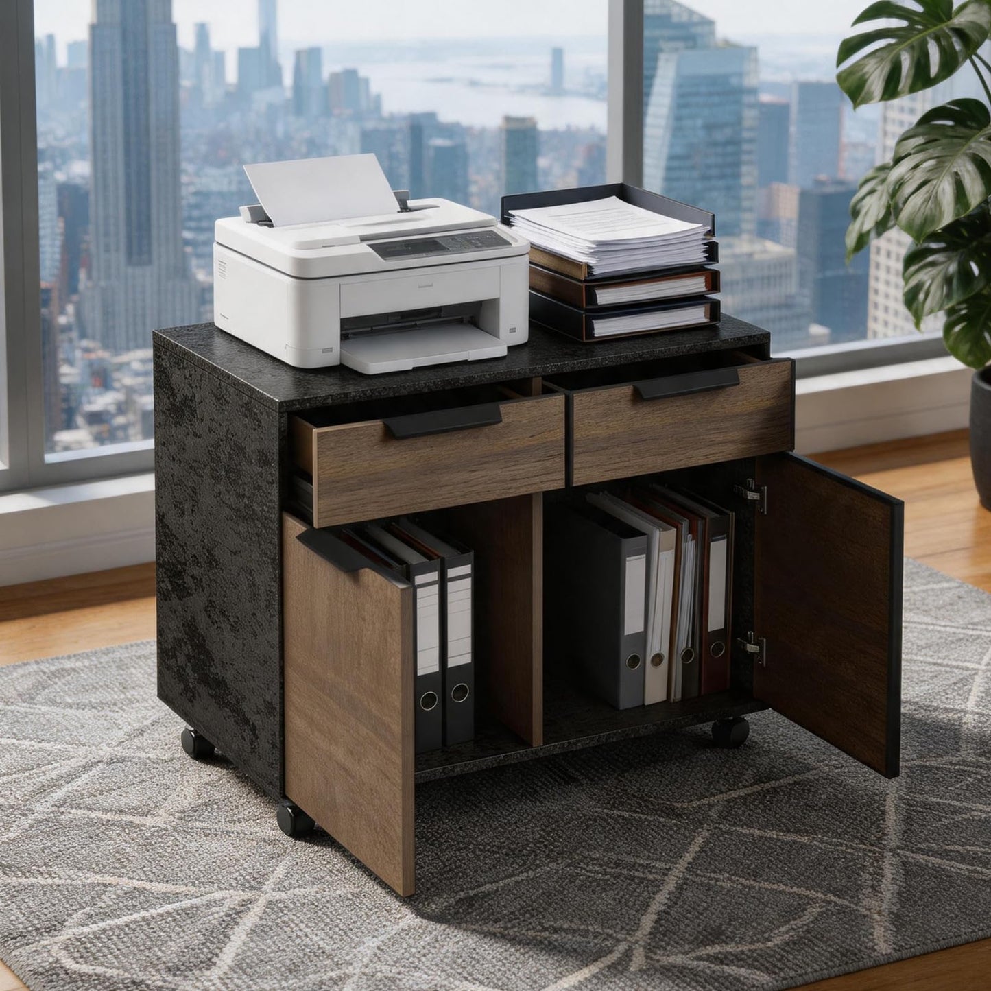 SAINTCY Executive Office Desk with Mobile File Cabinet, L Shaped Desk with Power Outlet & Drawers, Modern Wood Office Desk for Home Office, Studio & Business Workspace (Dark Walnut, 78.75" W)
