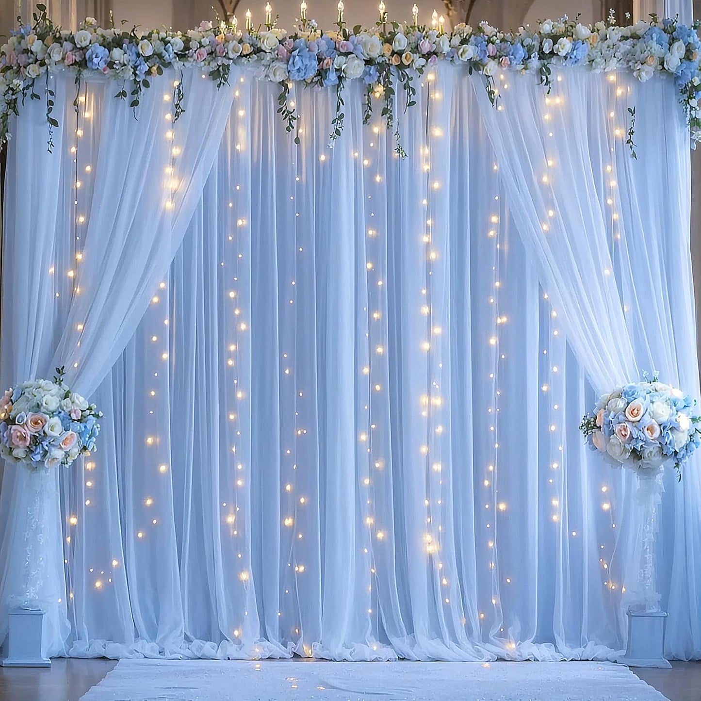 1012ft 2 512ft Baby Blue Sheer Tulle Backdrop Curtains with Lights String for Parties Baby Shower Decorations for Boy